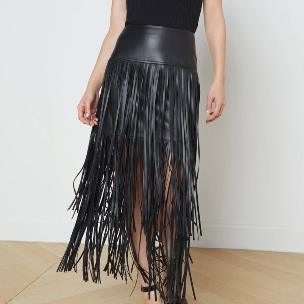 L'AGENCE Vegan Leather Fringe Skirt, Size 8